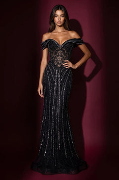 Sequin Beaded Off Shoulder Formal Evening Gown