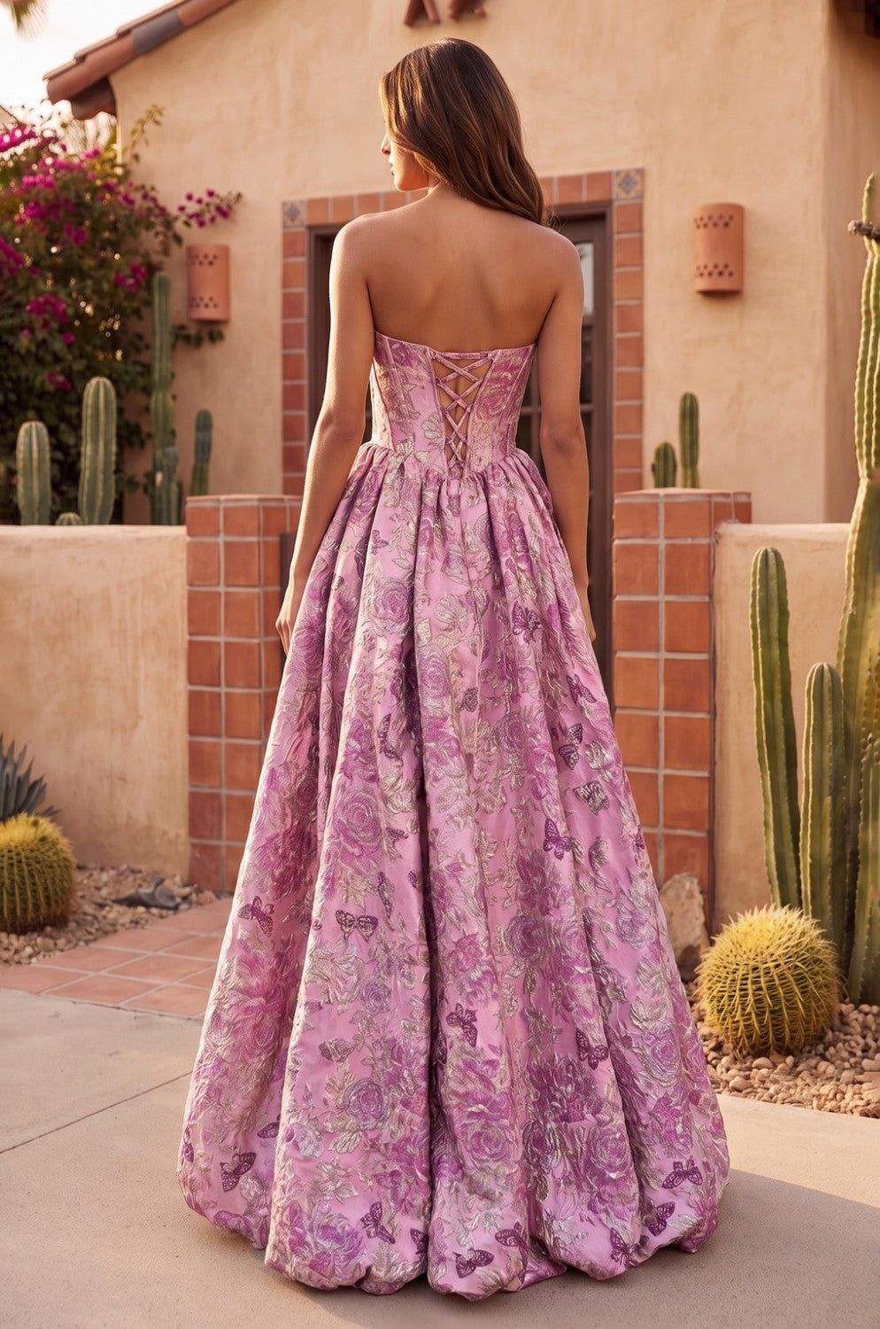 High Low Prom Dress Floral Jacquard Corset Ball Gown