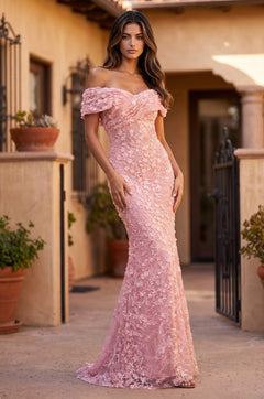 Long Formal Off Shoulder Floral Couture Evening Gown