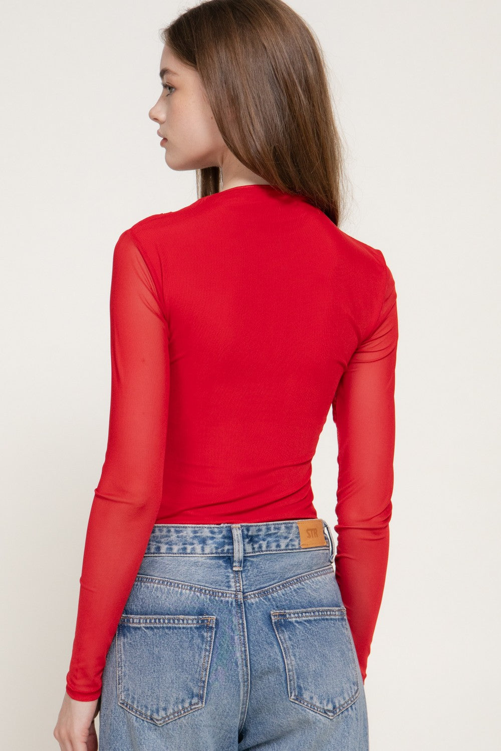 Long Slv Mock Neck Shirring Mesh Bodysuit
