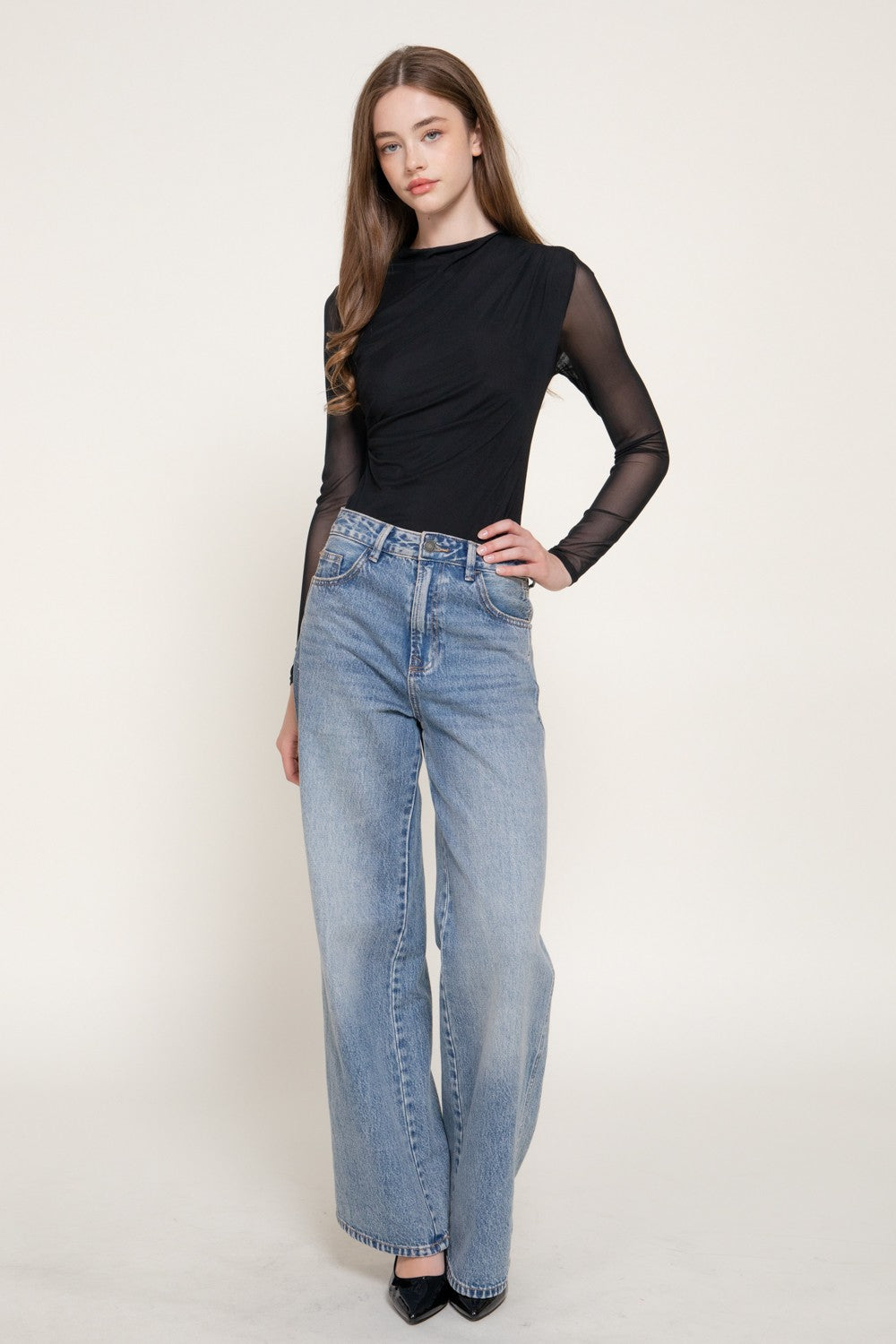Long Slv Mock Neck Shirring Mesh Bodysuit