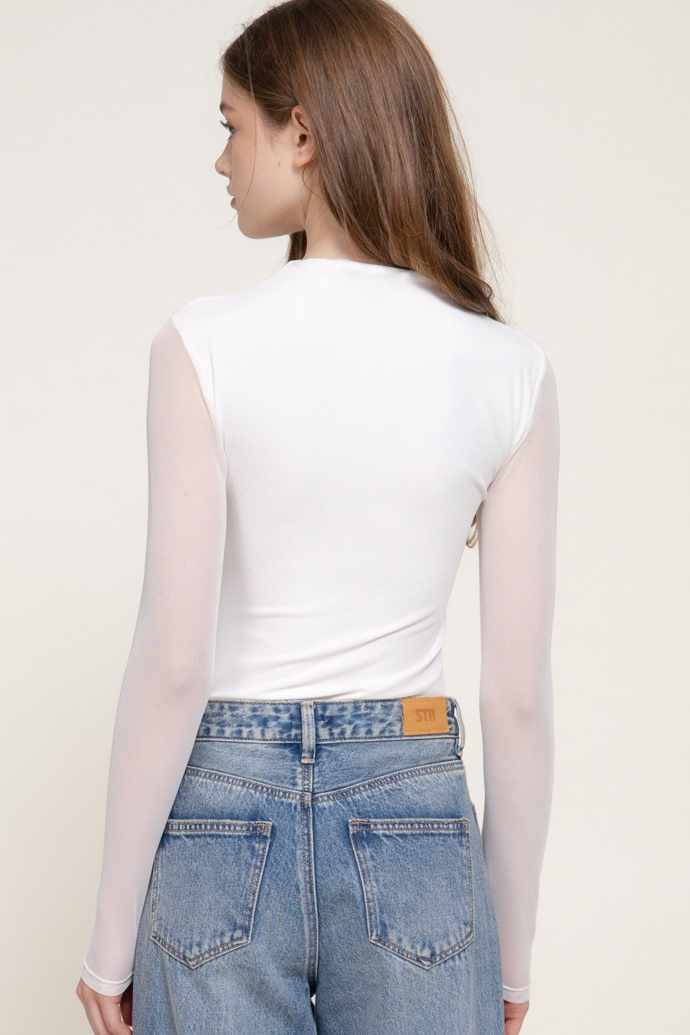 Long Slv Mock Neck Shirring Mesh Bodysuit