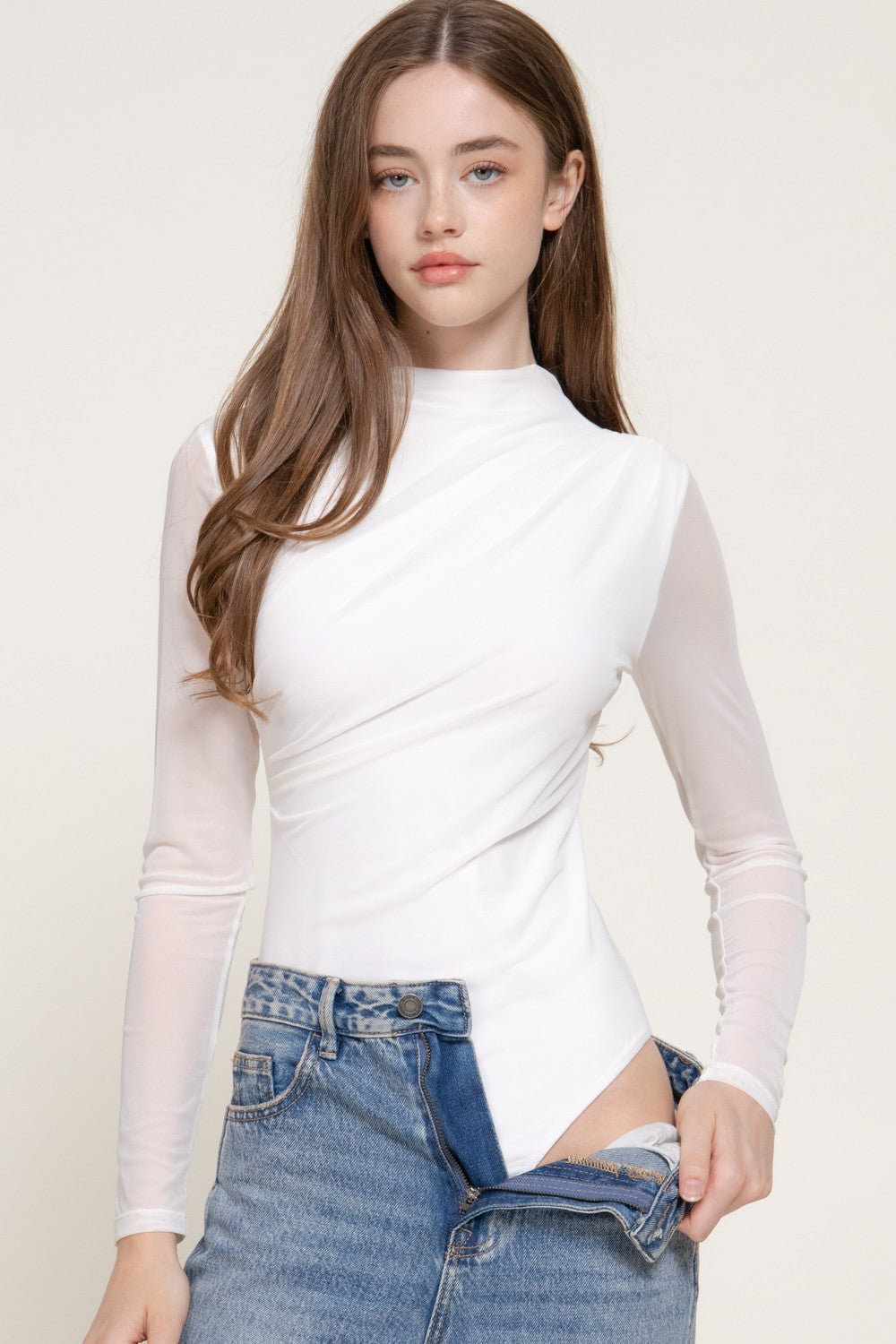 Long Slv Mock Neck Shirring Mesh Bodysuit