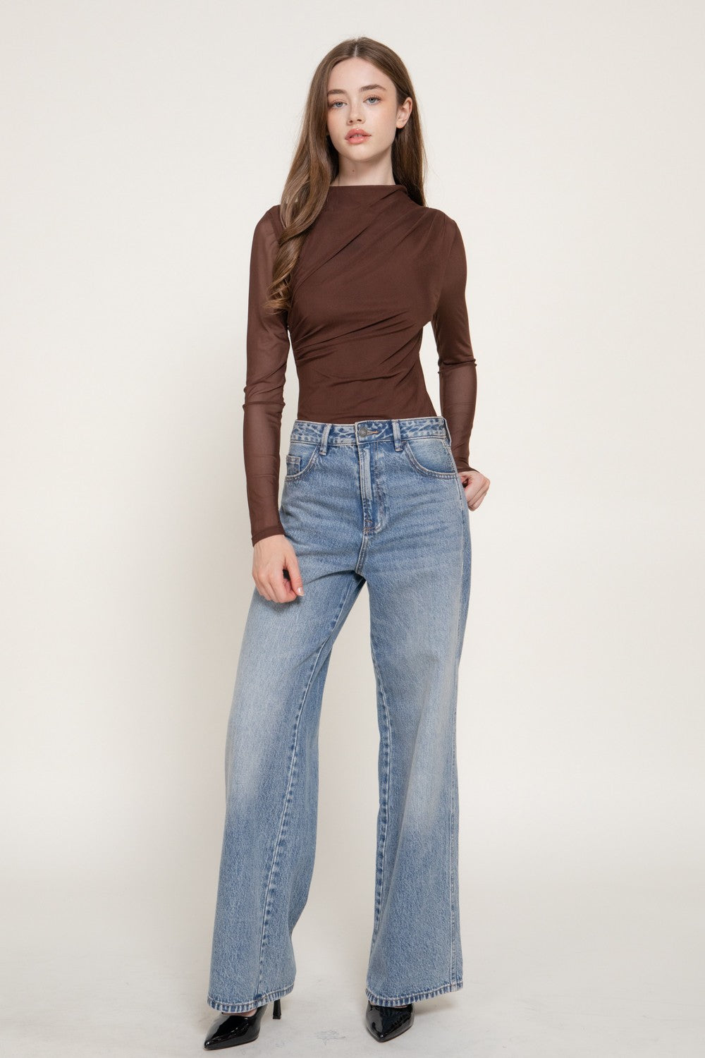 Long Slv Mock Neck Shirring Mesh Bodysuit