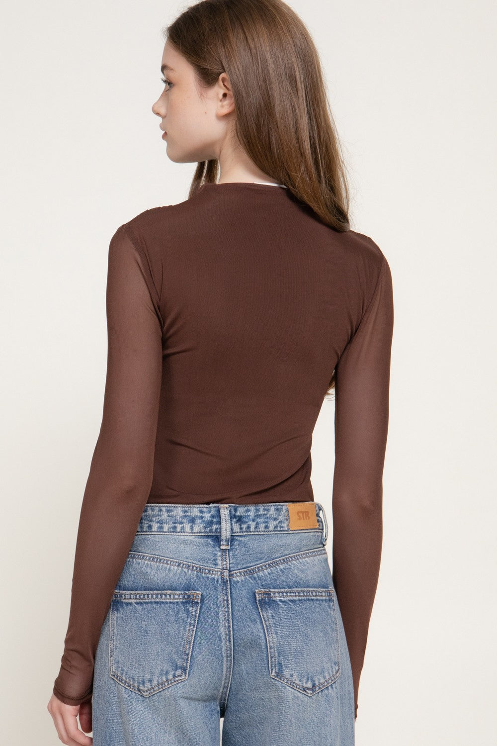 Long Slv Mock Neck Shirring Mesh Bodysuit