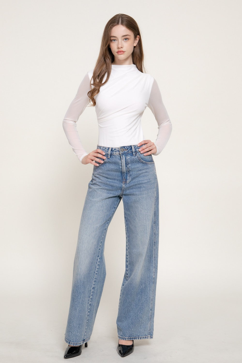 Long Slv Mock Neck Shirring Mesh Bodysuit