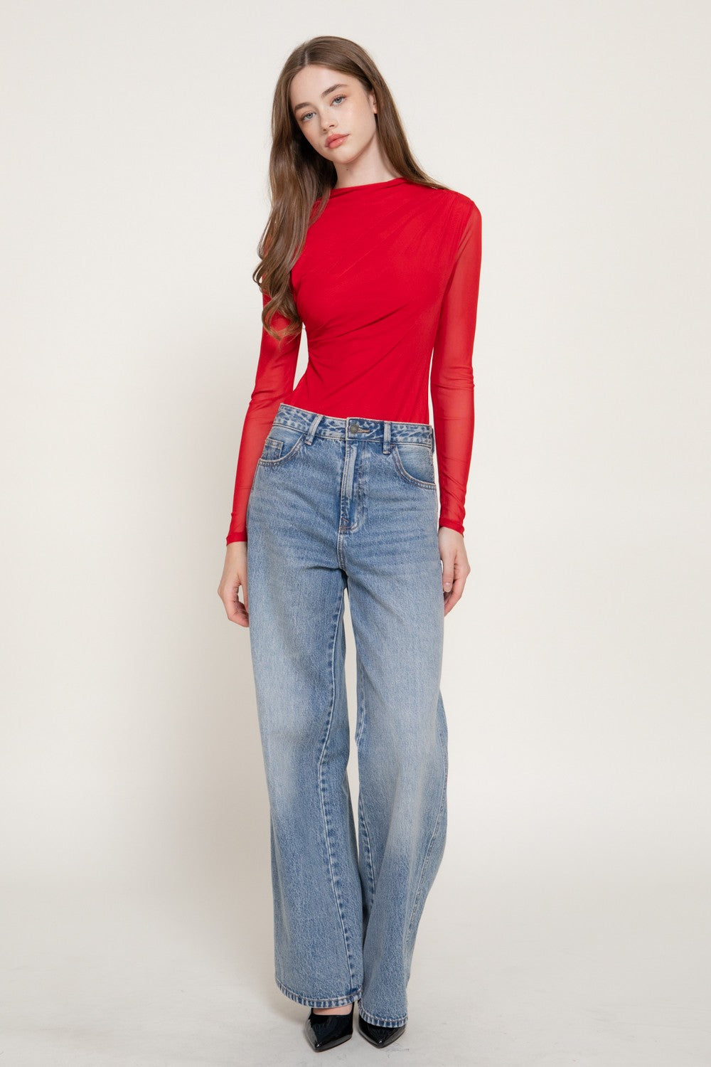 Long Slv Mock Neck Shirring Mesh Bodysuit
