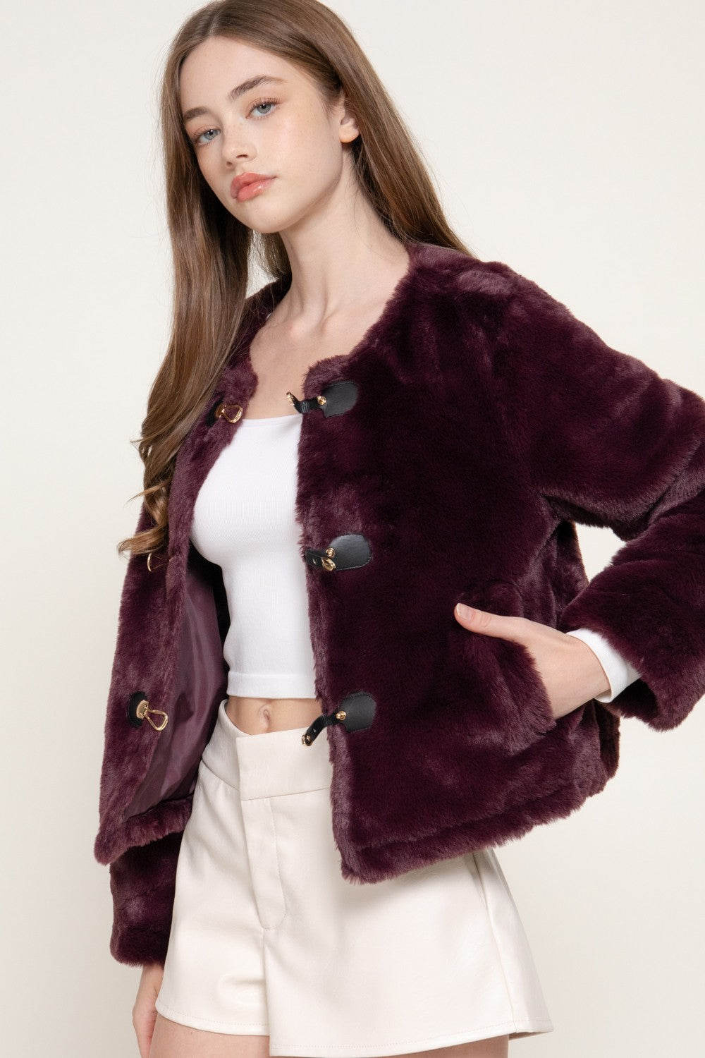 Long Slv Round Neck Toggle Faux Fur Jacket