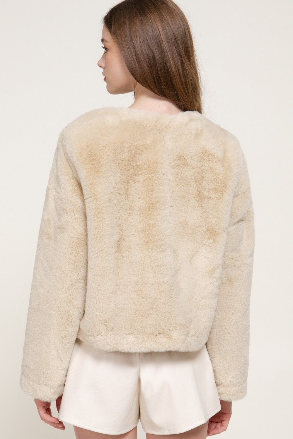 Long Slv Round Neck Toggle Faux Fur Jacket