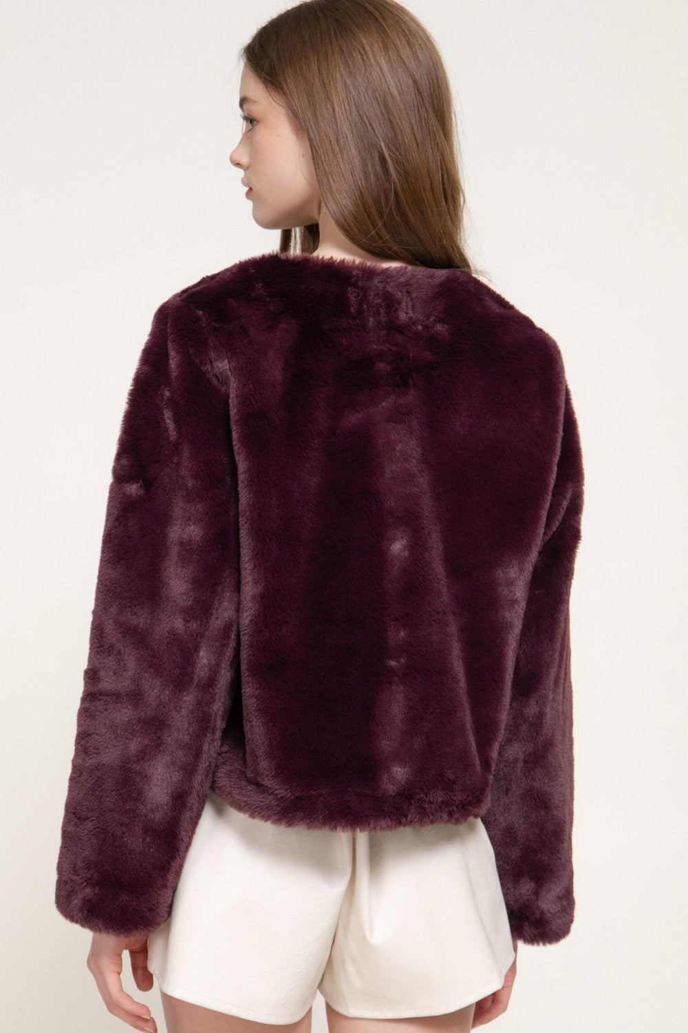 Long Slv Round Neck Toggle Faux Fur Jacket