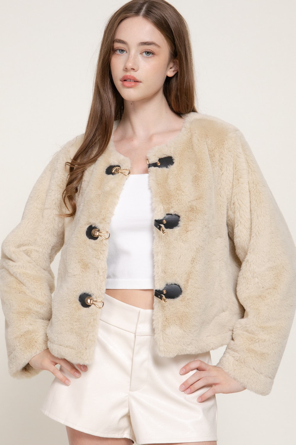 Long Slv Round Neck Toggle Faux Fur Jacket
