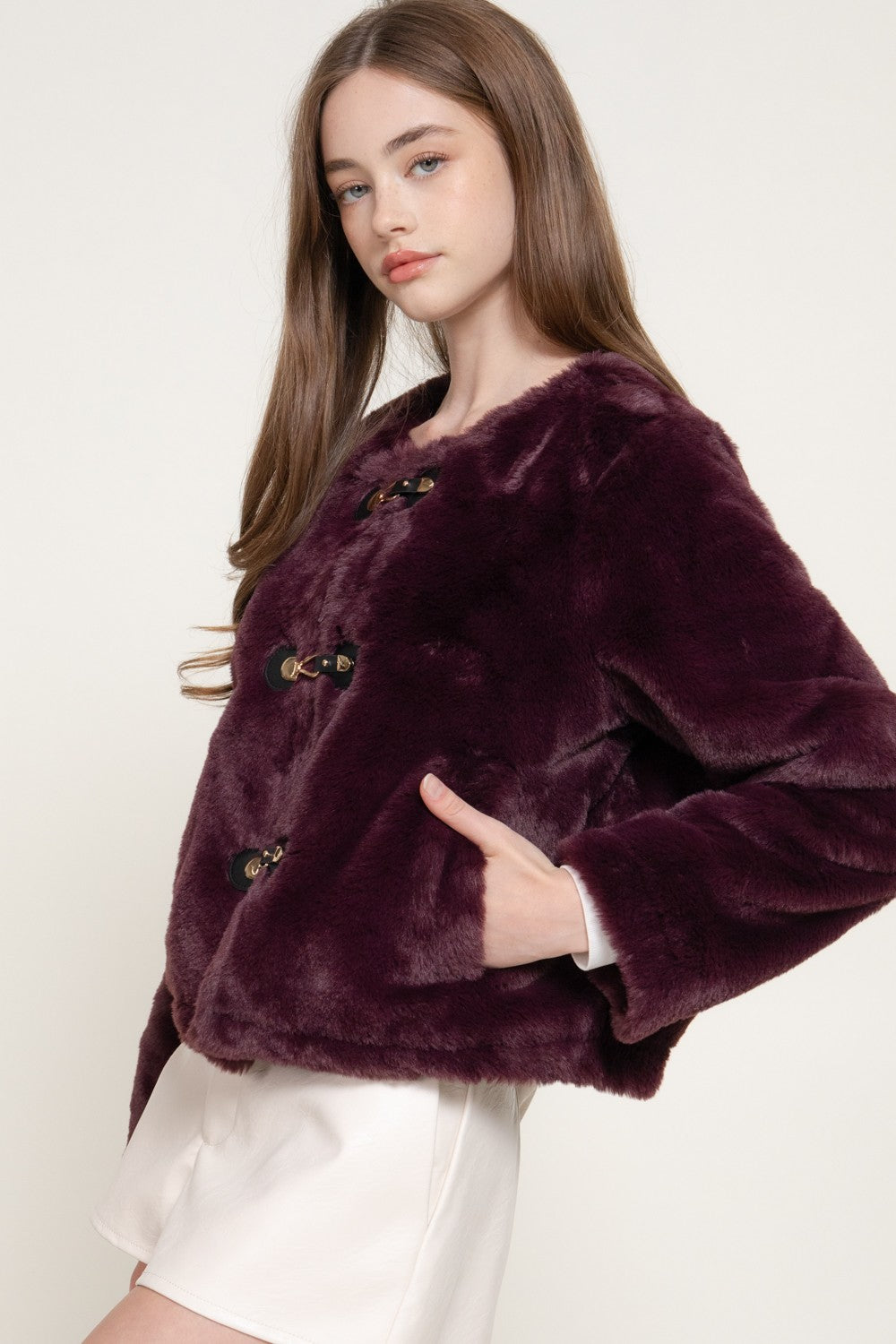 Long Slv Round Neck Toggle Faux Fur Jacket