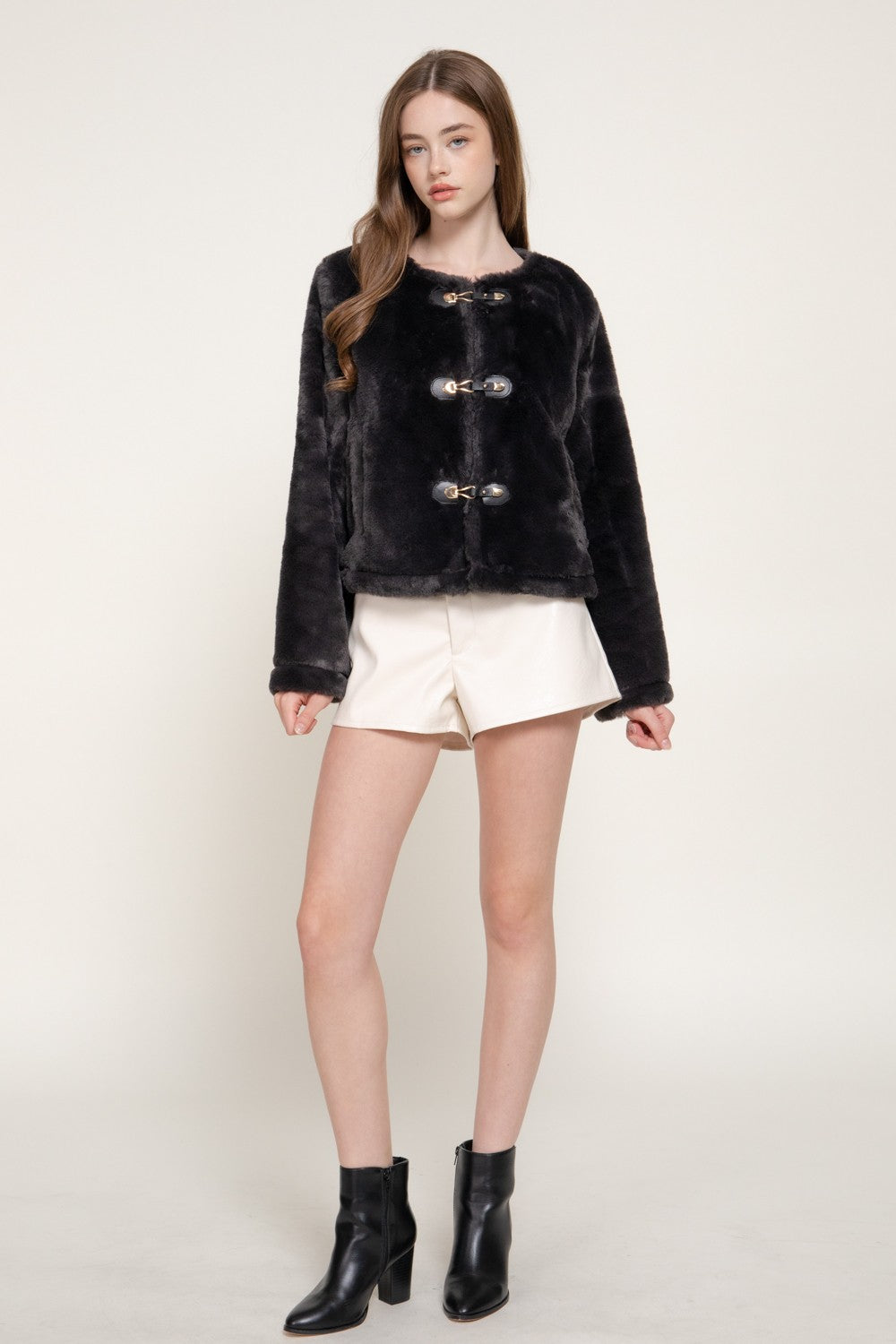 Long Slv Round Neck Toggle Faux Fur Jacket
