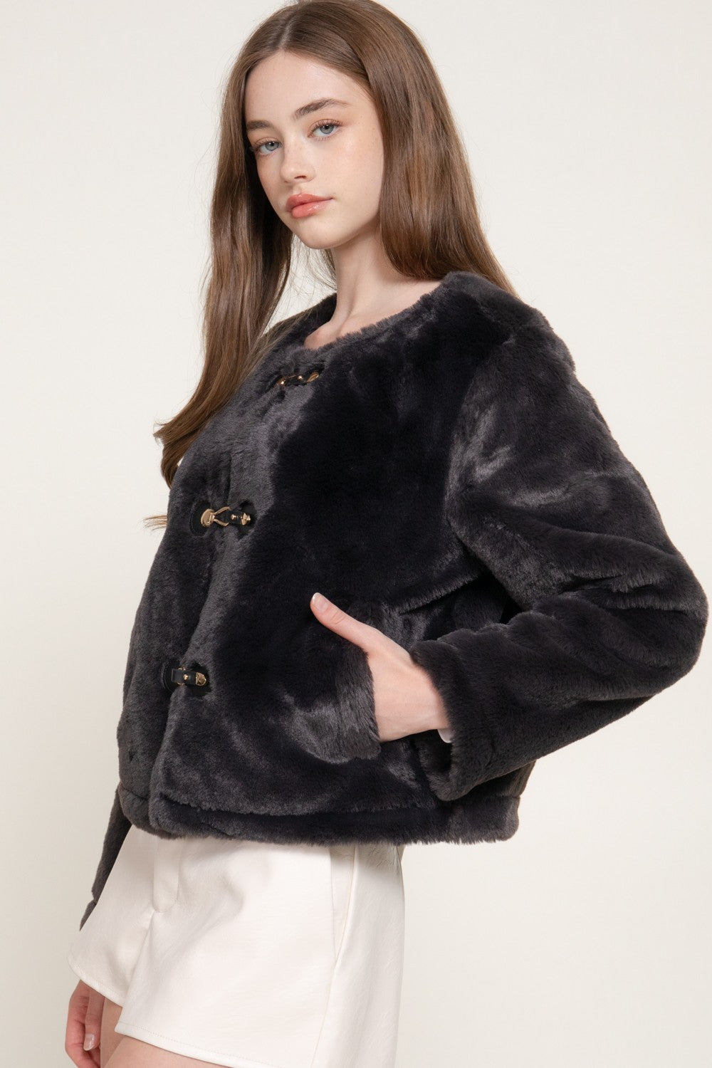 Long Slv Round Neck Toggle Faux Fur Jacket