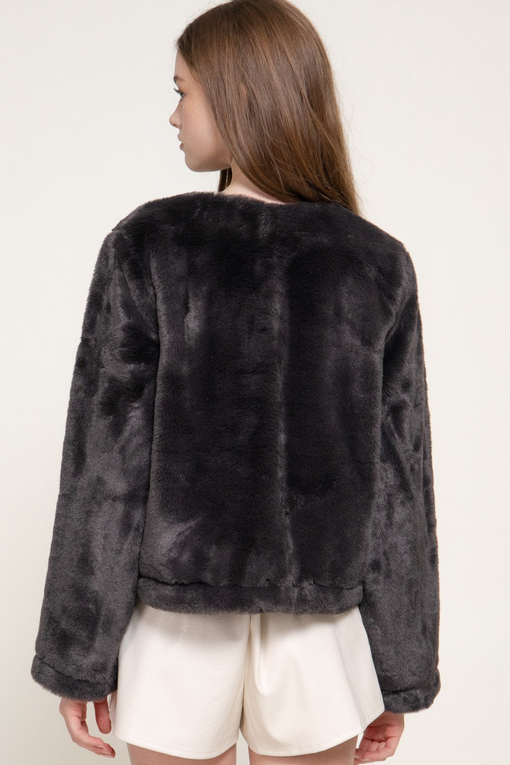 Long Slv Round Neck Toggle Faux Fur Jacket