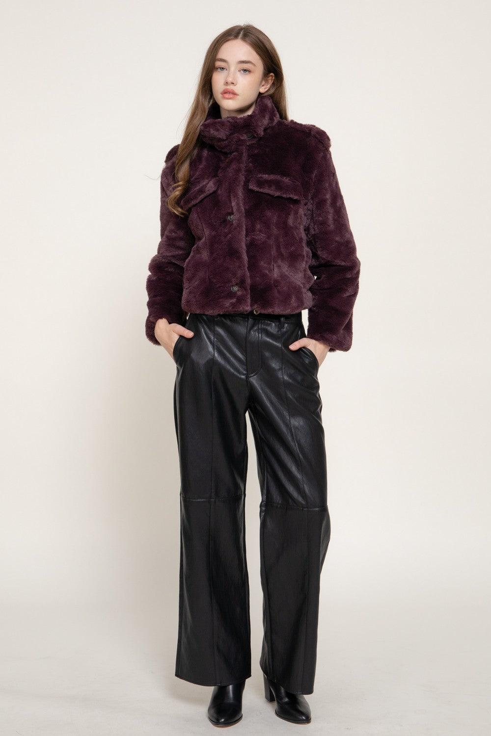Long Slv Funnel Neck Button Down Faux Fur Jacket