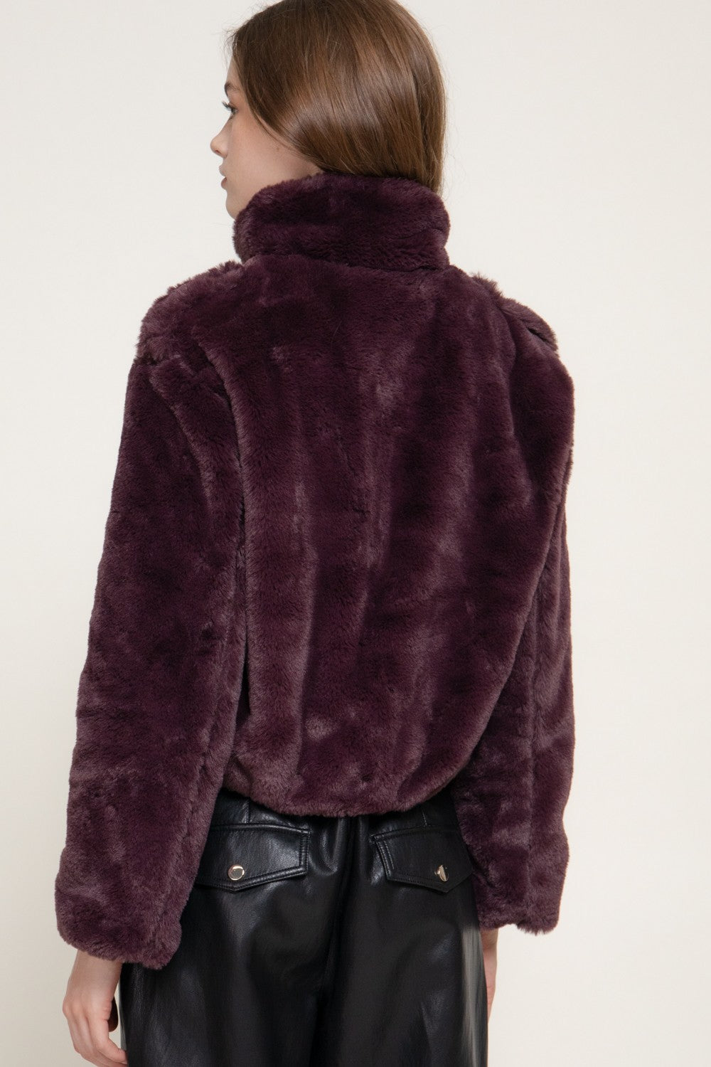 Long Slv Funnel Neck Button Down Faux Fur Jacket