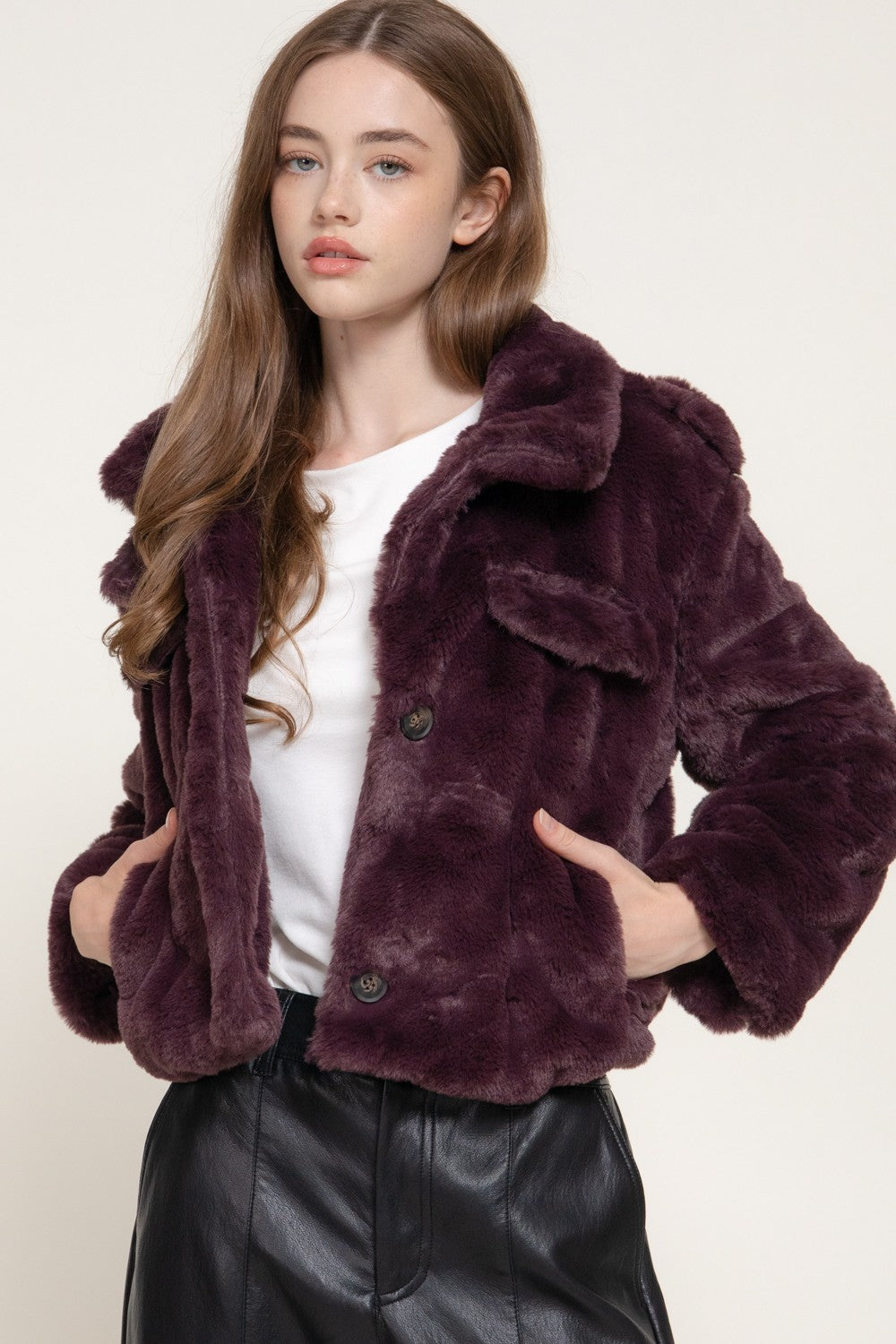 Long Slv Funnel Neck Button Down Faux Fur Jacket