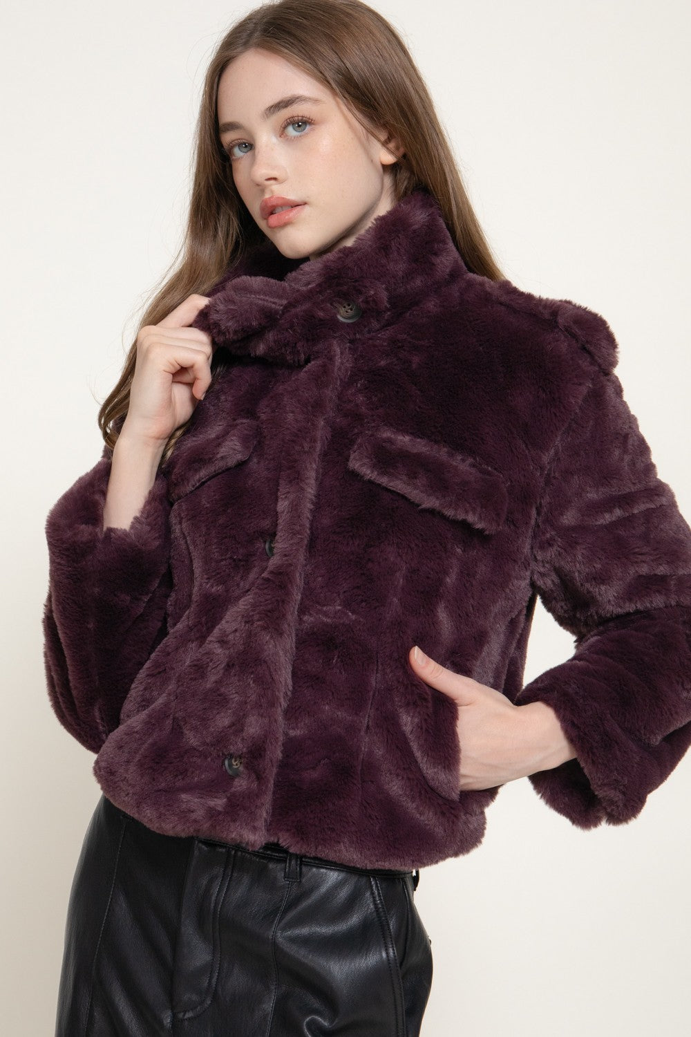 Long Slv Funnel Neck Button Down Faux Fur Jacket