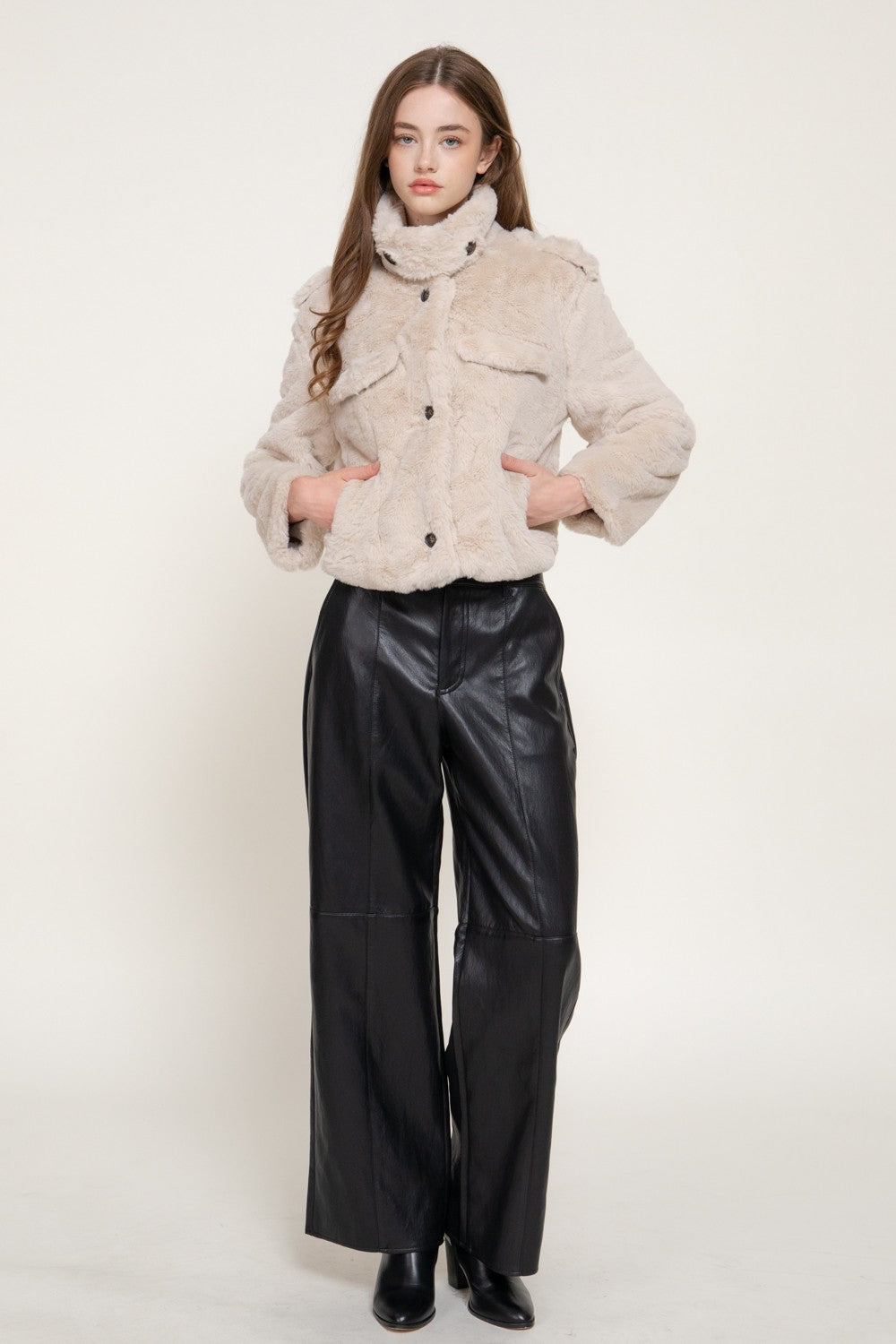 Long Slv Funnel Neck Button Down Faux Fur Jacket