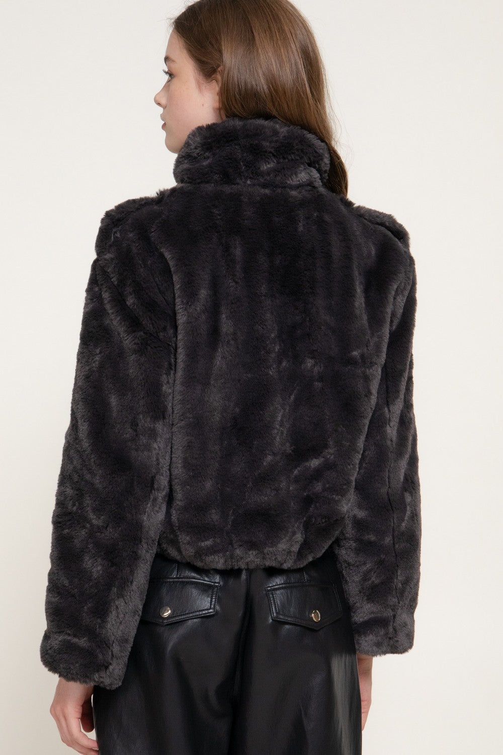 Long Slv Funnel Neck Button Down Faux Fur Jacket