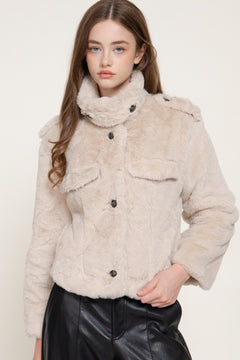 Long Slv Funnel Neck Button Down Faux Fur Jacket