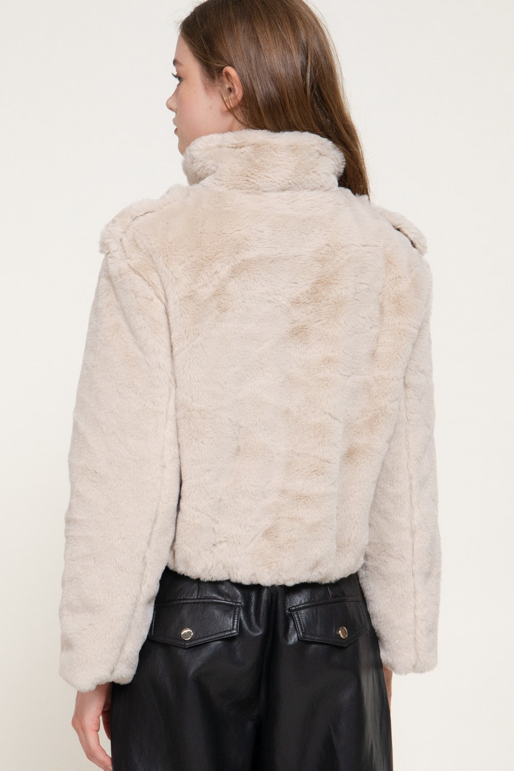 Long Slv Funnel Neck Button Down Faux Fur Jacket