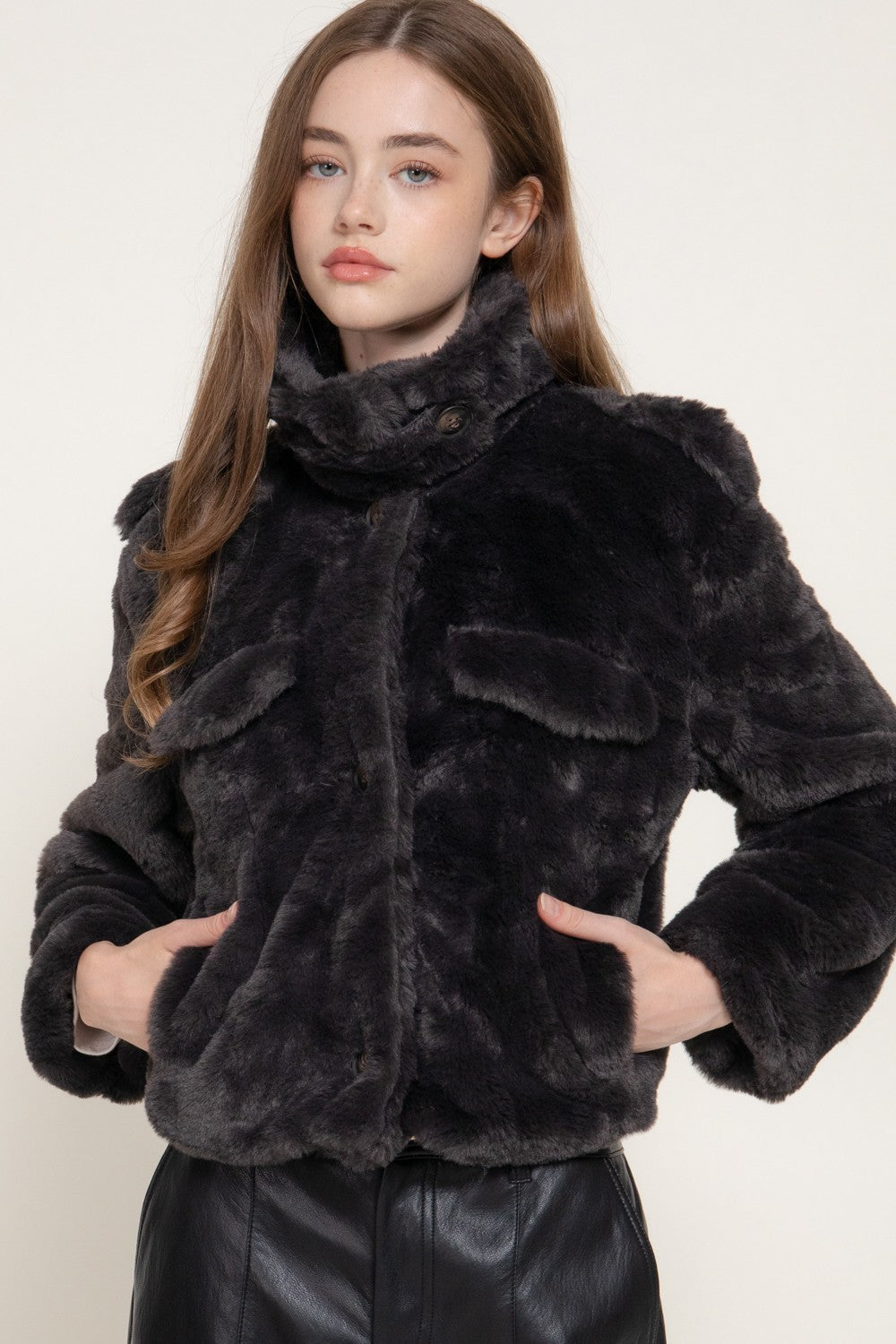 Long Slv Funnel Neck Button Down Faux Fur Jacket