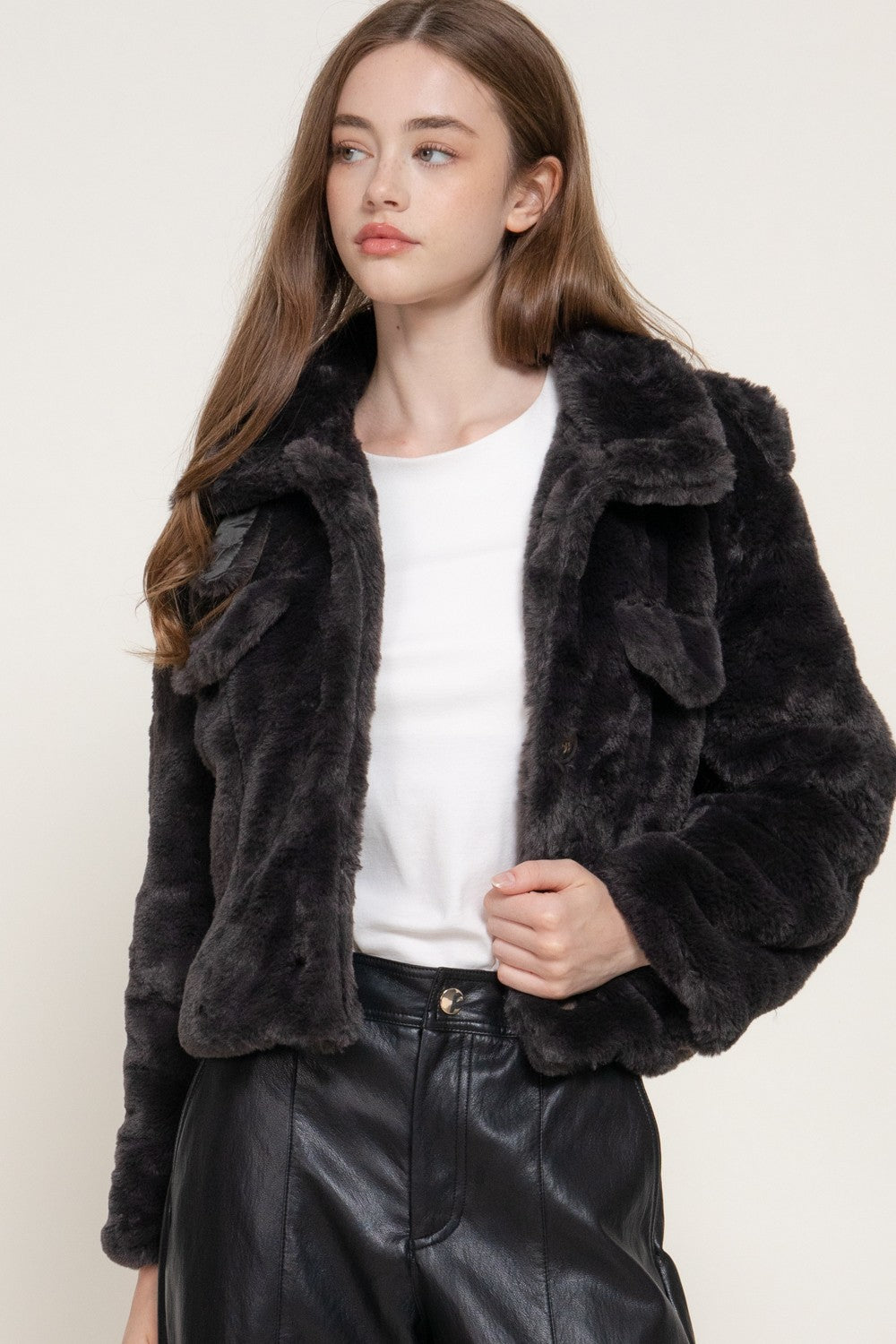 Long Slv Funnel Neck Button Down Faux Fur Jacket