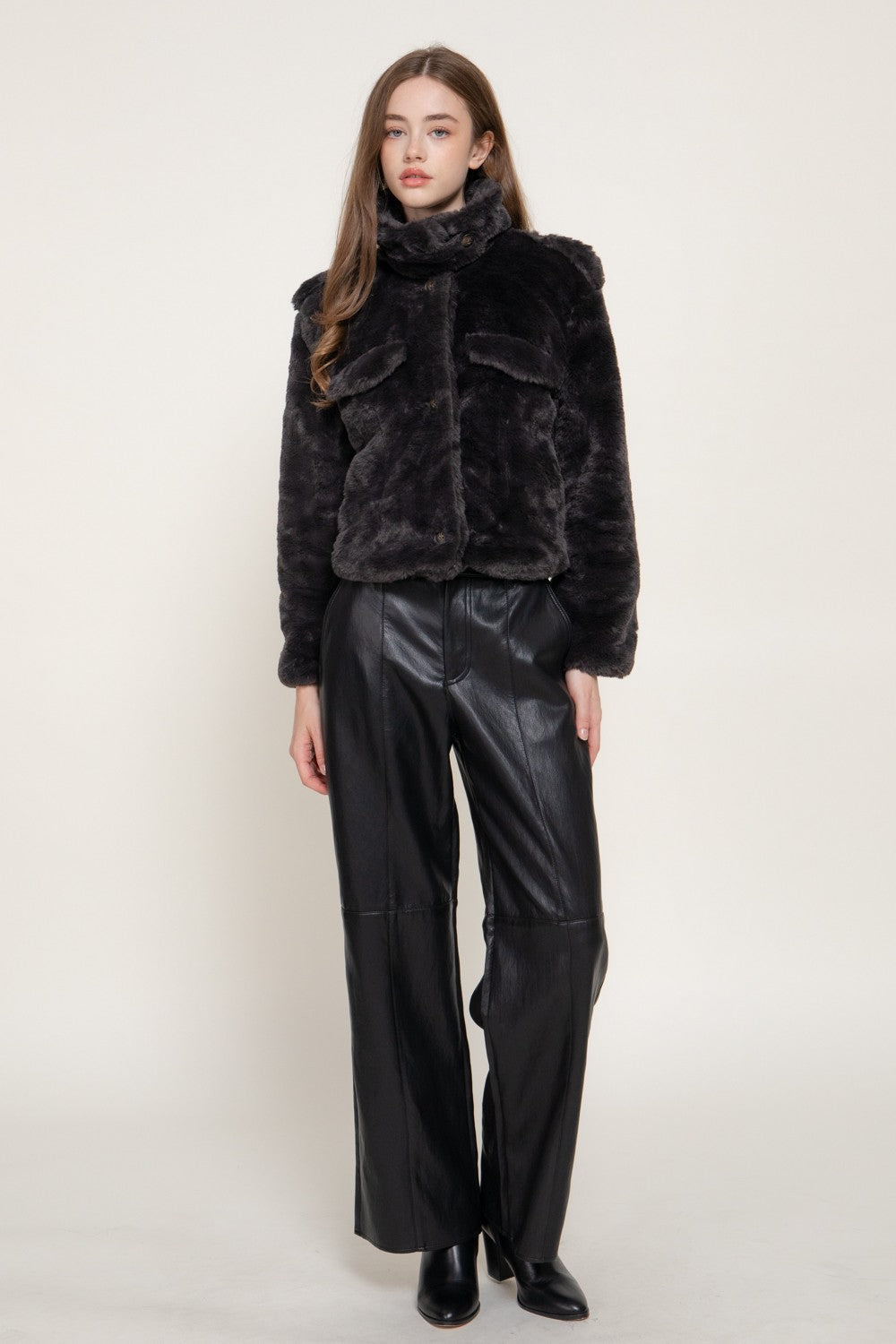 Long Slv Funnel Neck Button Down Faux Fur Jacket