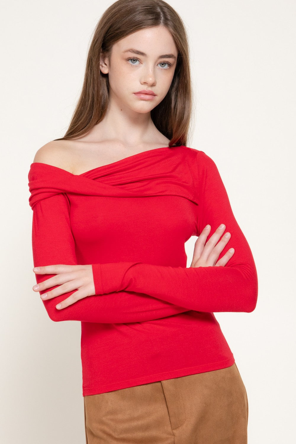 Long Slv Asymmetric Neckline Knit Top