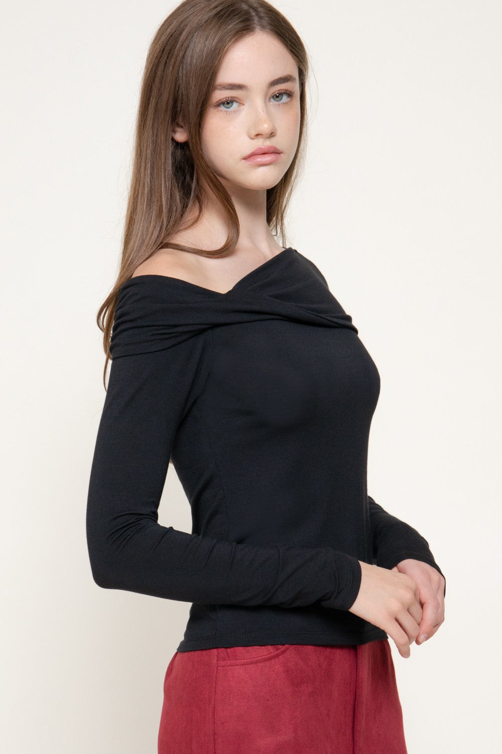 Long Slv Asymmetric Neckline Knit Top