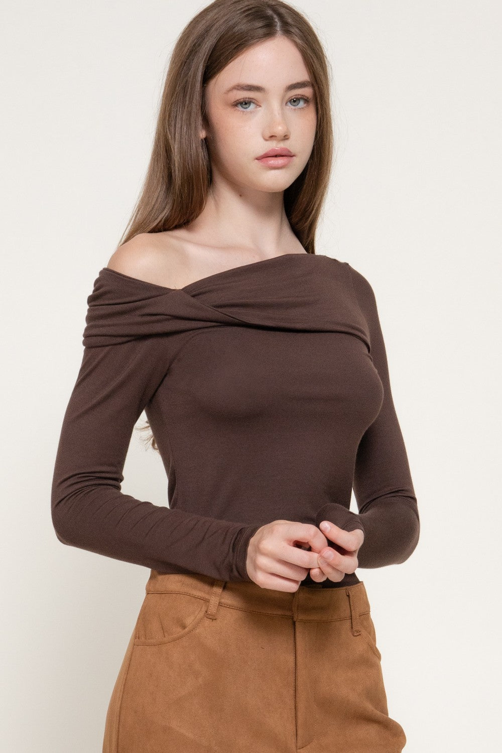 Long Slv Asymmetric Neckline Knit Top