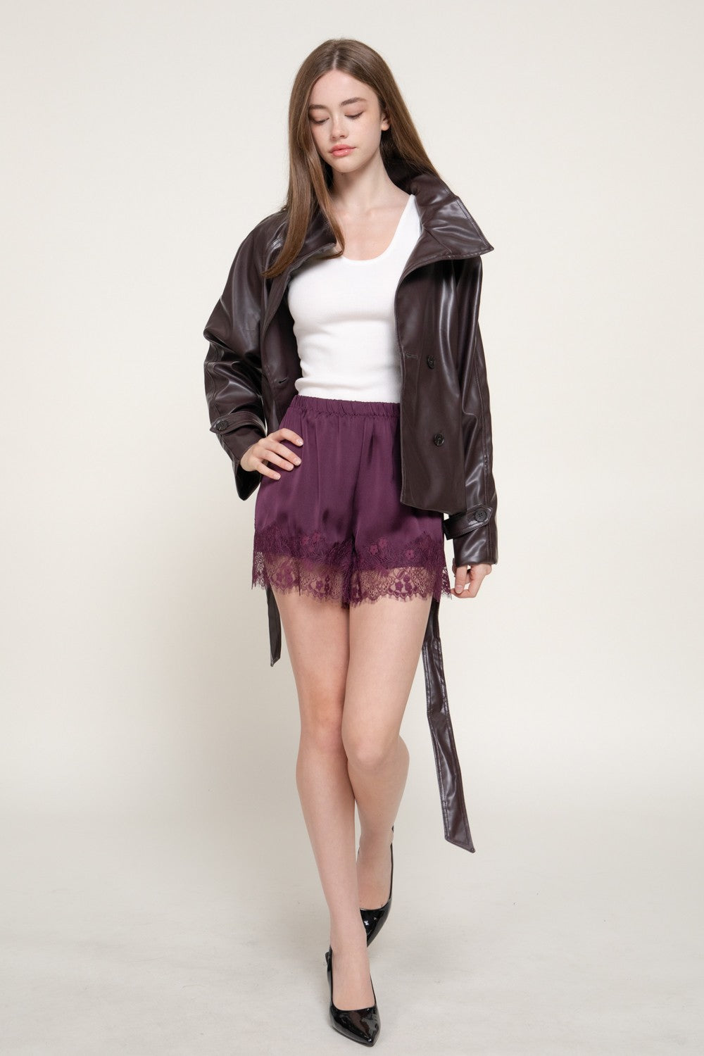 Waistband Lace Trim Satin Shorts
