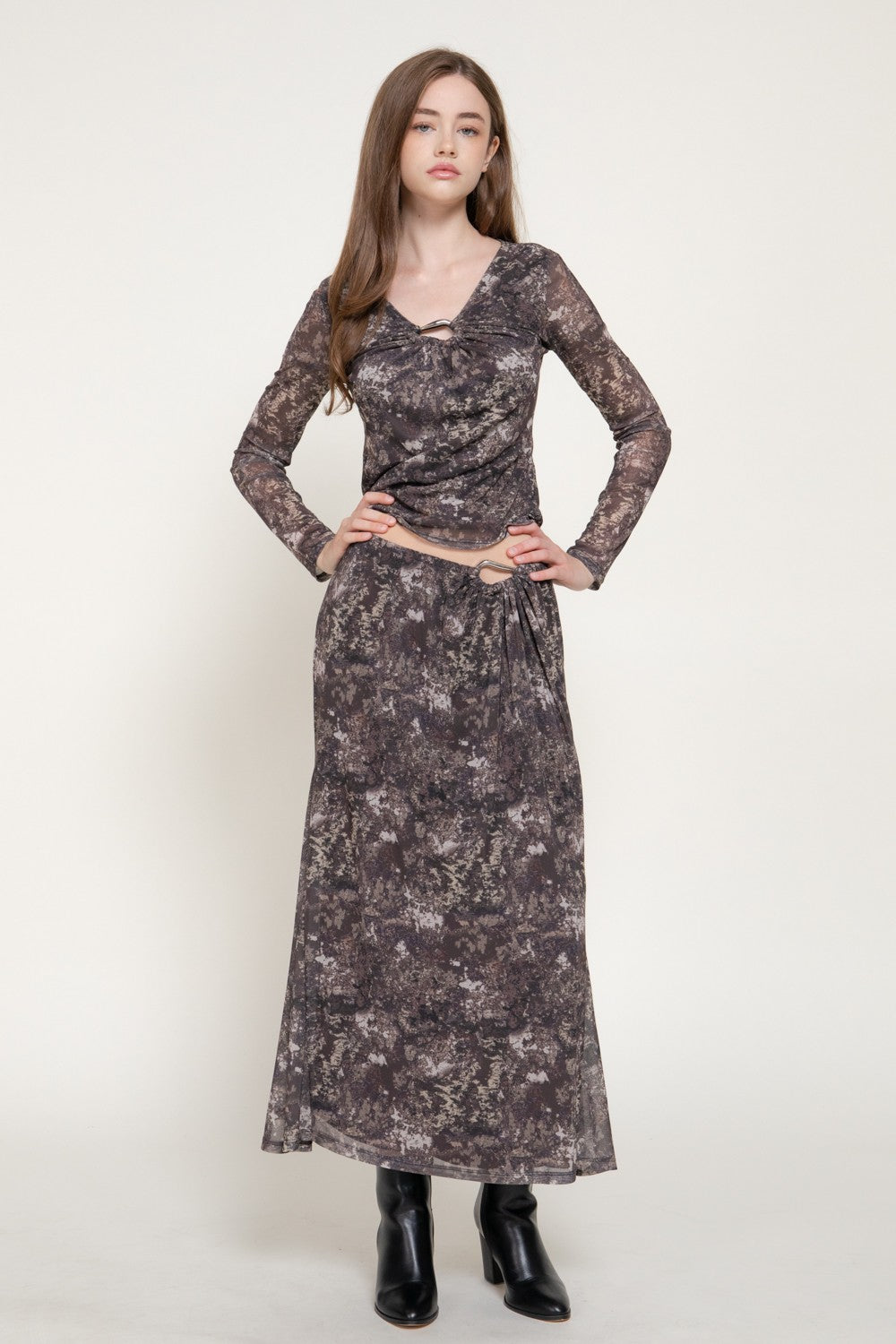 Applique Detail Print Mesh Midi Skirt