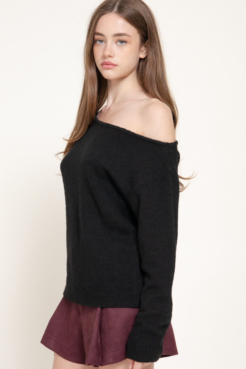 Long Slv Asymmetrical Neckline Sweater