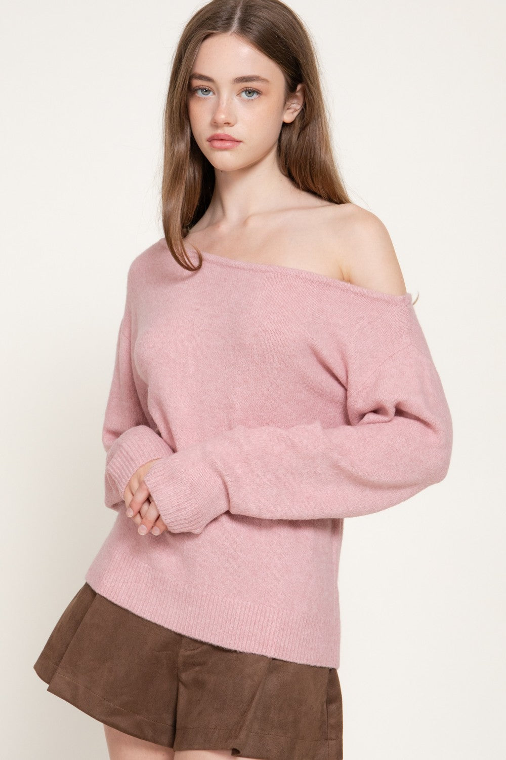 Long Slv Asymmetrical Neckline Sweater