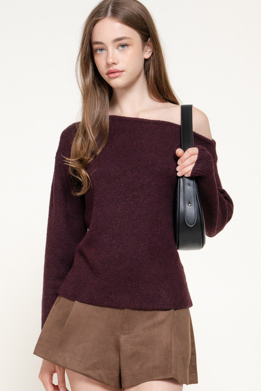 Long Slv Asymmetrical Neckline Sweater