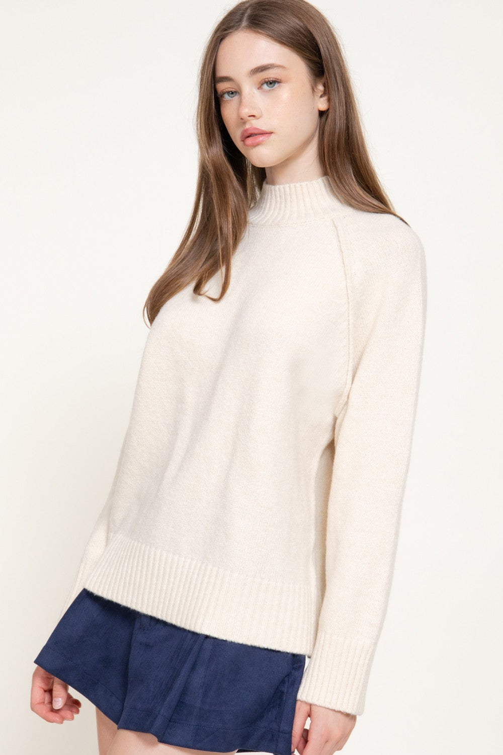 Long Raglan Slv Mock Neck Sweater