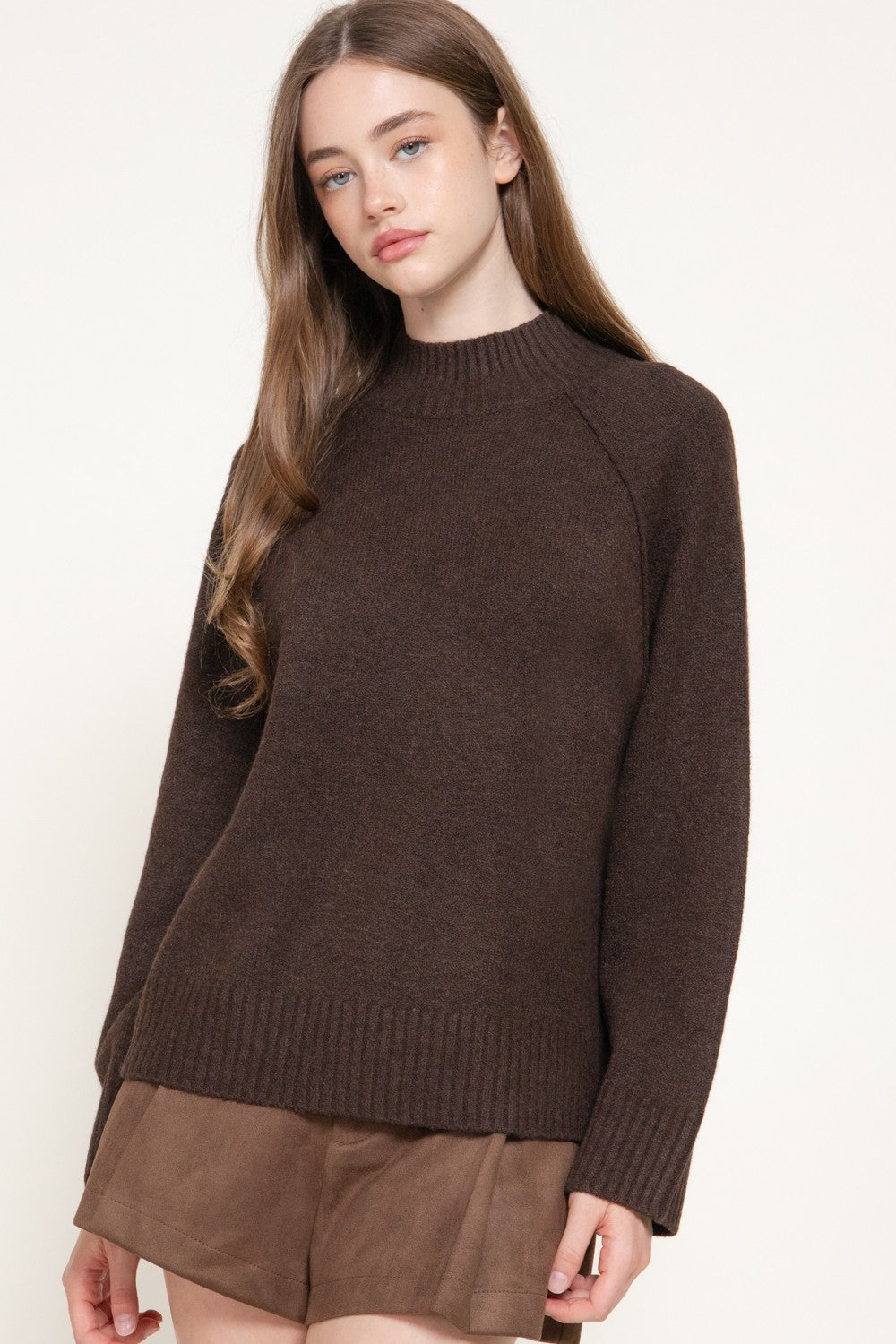 Long Raglan Slv Mock Neck Sweater