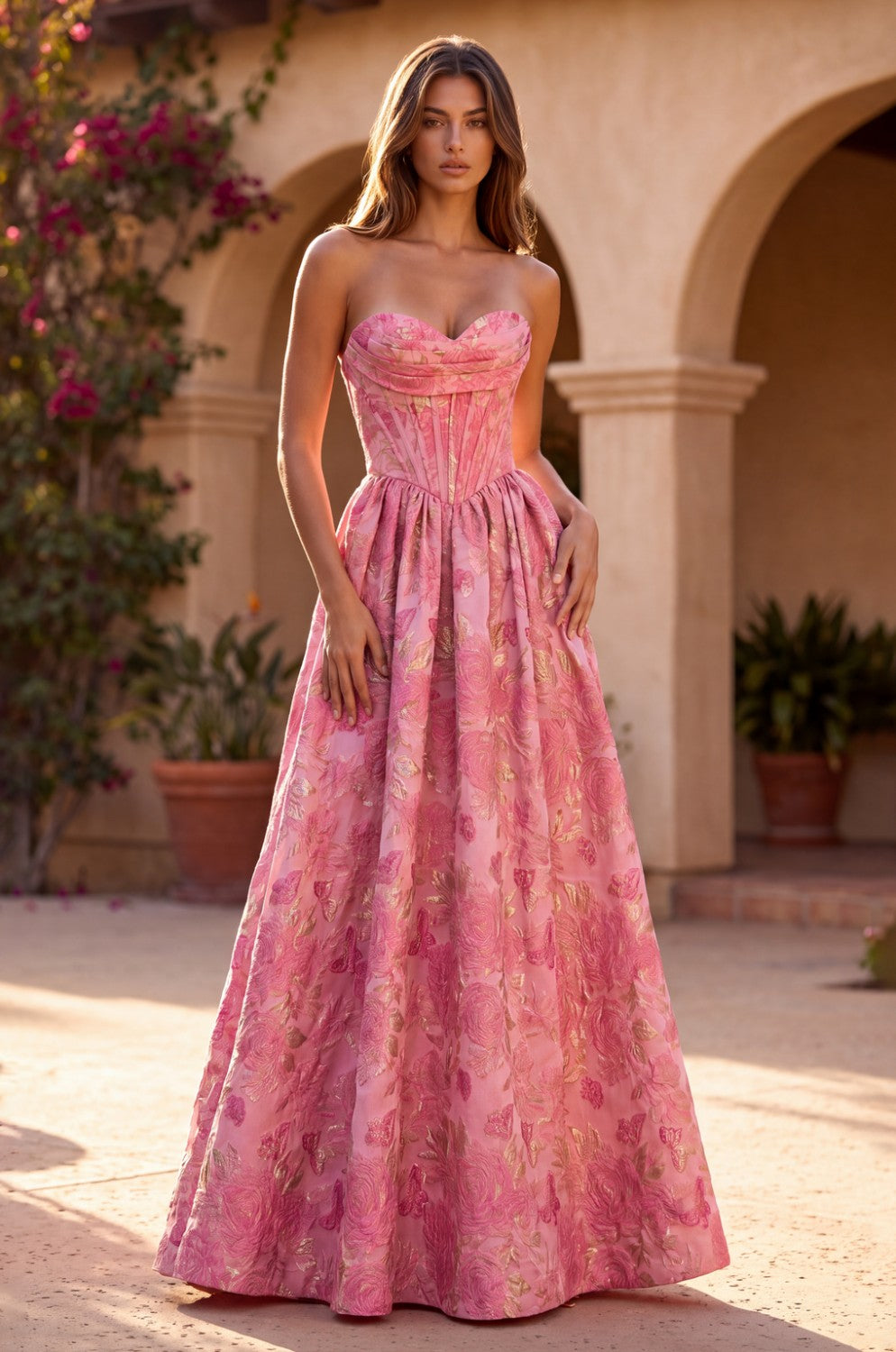 A Line Corset Jacquard Floral Dress With Metallic Accent