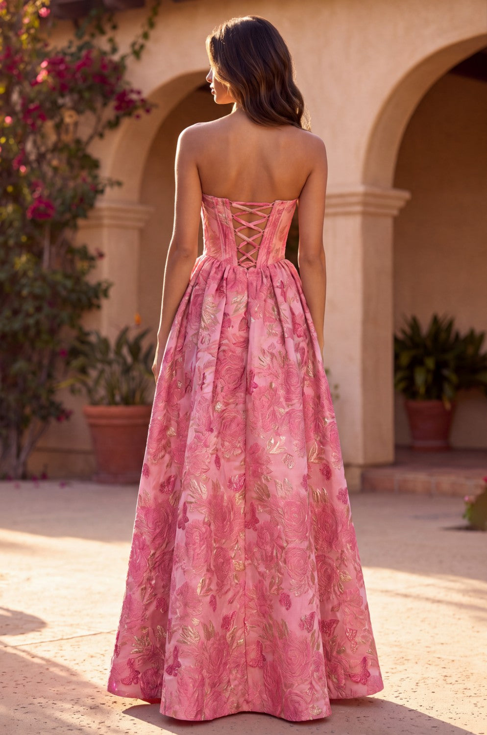 A Line Corset Jacquard Floral Dress With Metallic Accent