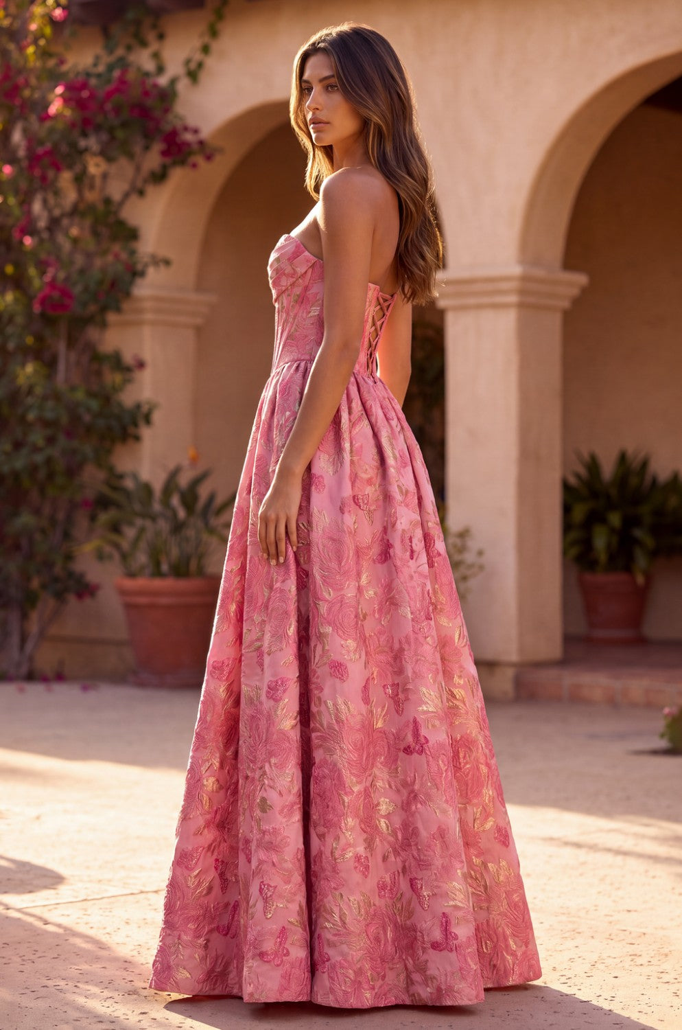 A Line Corset Jacquard Floral Dress With Metallic Accent