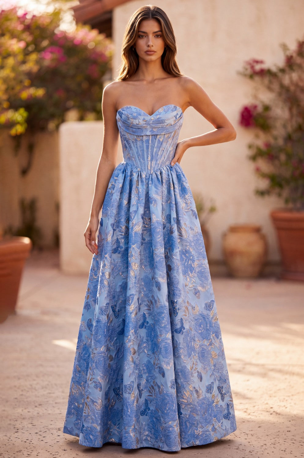 A Line Corset Jacquard Floral Dress With Metallic Accent