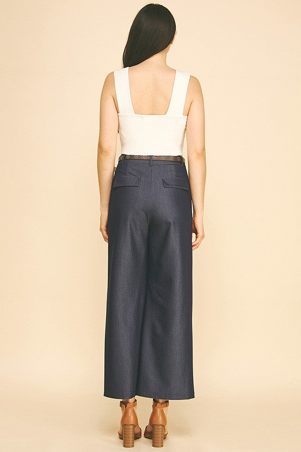 Denim Brown Studded Leather Belted Wide Leg Trousers