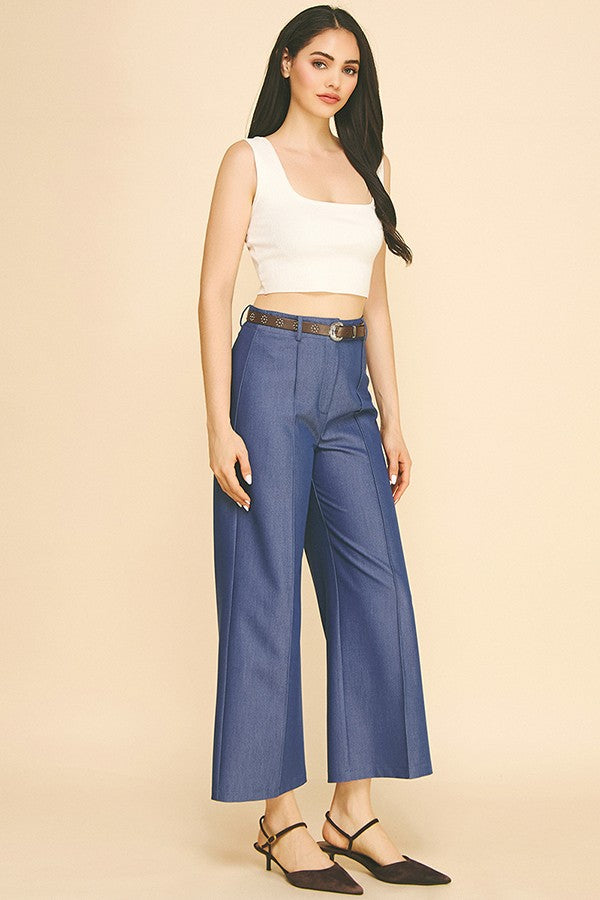 Denim Brown Studded Leather Belted Wide Leg Trousers