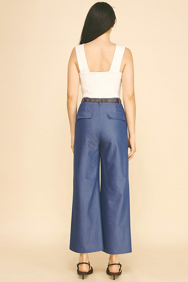 Denim Brown Studded Leather Belted Wide Leg Trousers