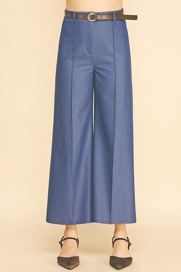 Denim Brown Studded Leather Belted Wide Leg Trousers