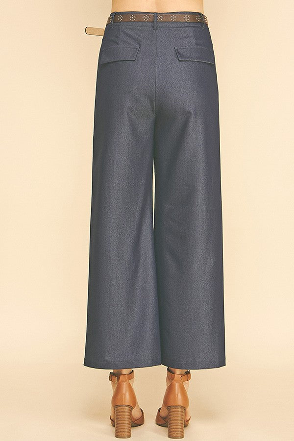 Denim Brown Studded Leather Belted Wide Leg Trousers