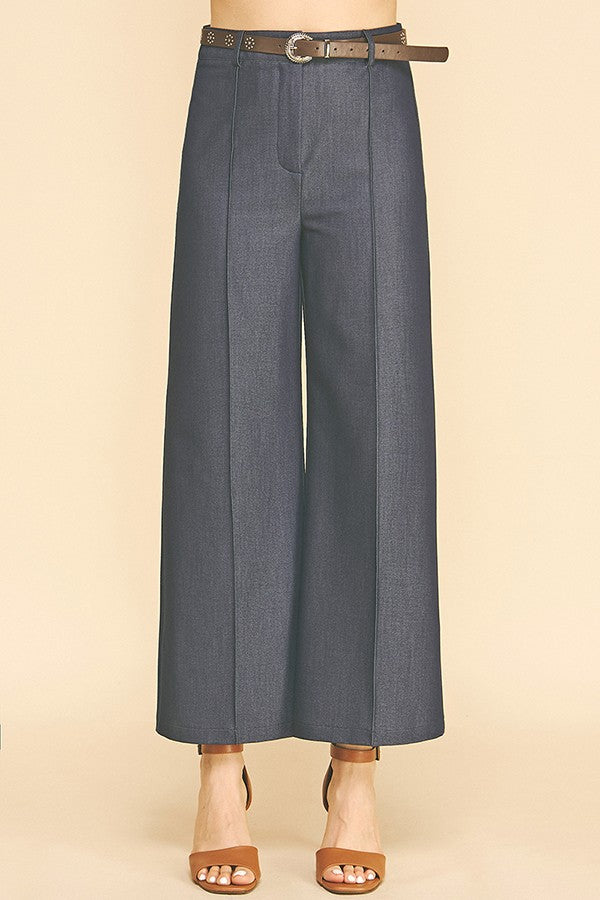 Denim Brown Studded Leather Belted Wide Leg Trousers